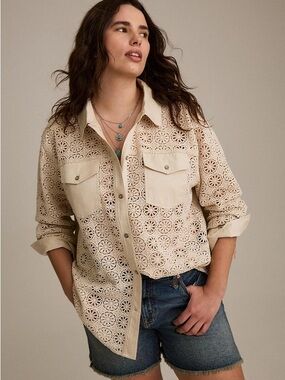 Festi by Torrid Plus Size Cream Eyelet Crochet Button-Front Shirt Jacket - #253